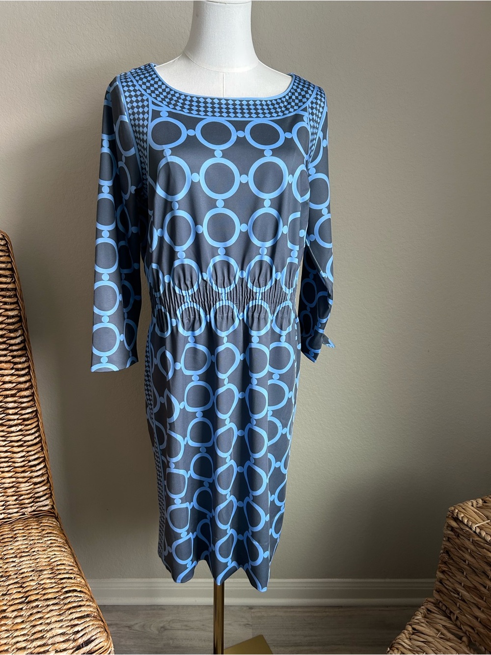 Gretchen Scott Designs Blue Geometric Long Sleeve Sheath Dress